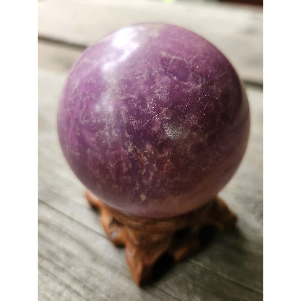 Phosphosiderite Sphere , Purple Orchid Gemstone Carved Wooden Stand